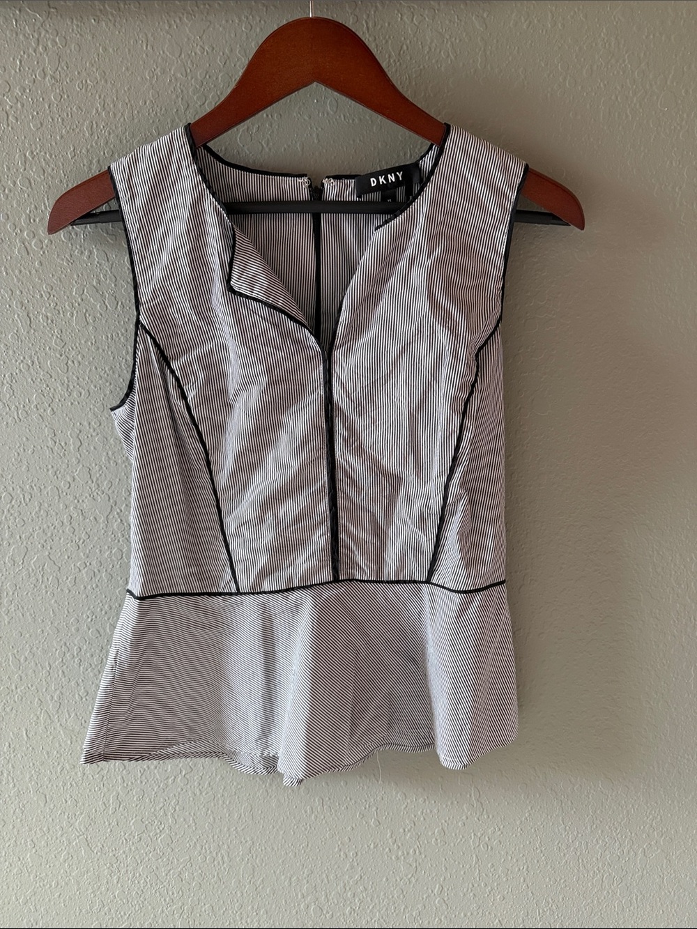 DKNY Black and White Striped Peplum Shell Top